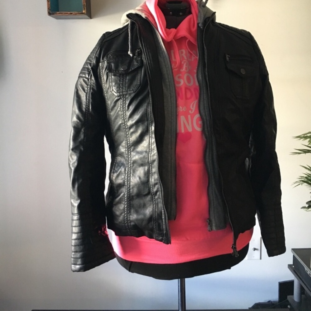 Plus size black leather jacket hoodie fur lined